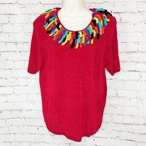 VTG LISA CHENIELLE RED COLOR FRINGE SHORT SLV SWEATER - M